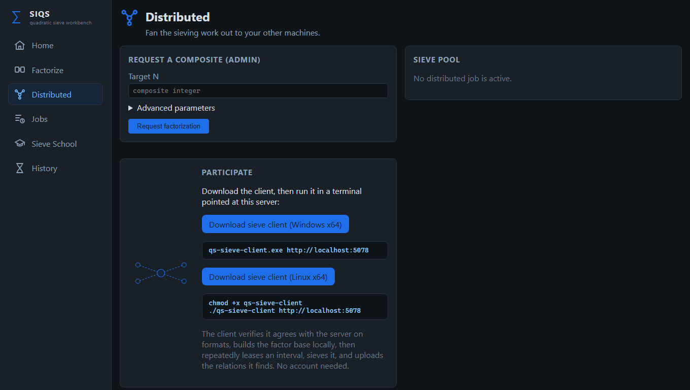 The Distributed page: submit a composite and download self-contained Windows and Linux sieve clients.