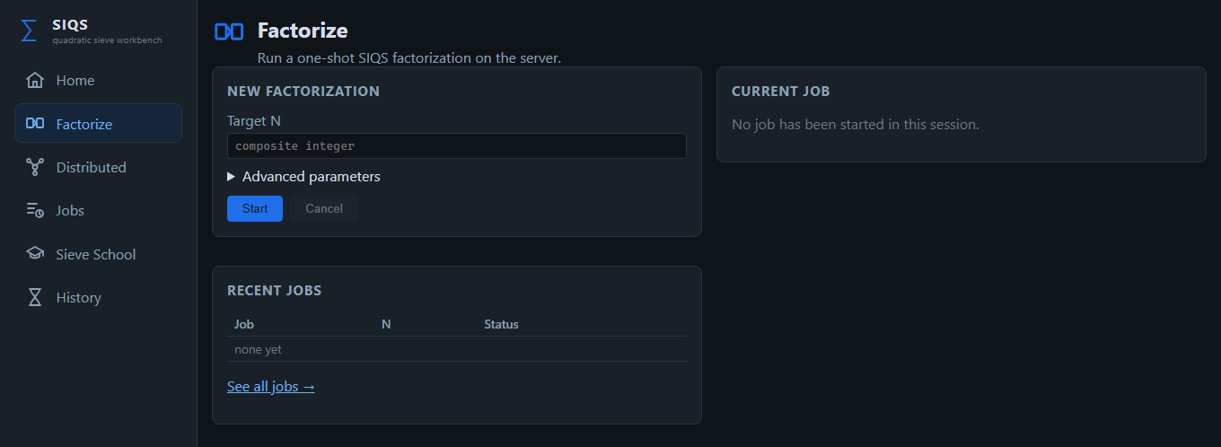 The Factorize page: a target-N field, an advanced-parameters panel, and a recent-jobs list.