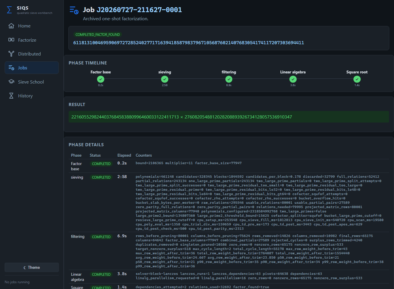 A job-details page: a five-phase timeline, the factor result, and a per-phase counters table.